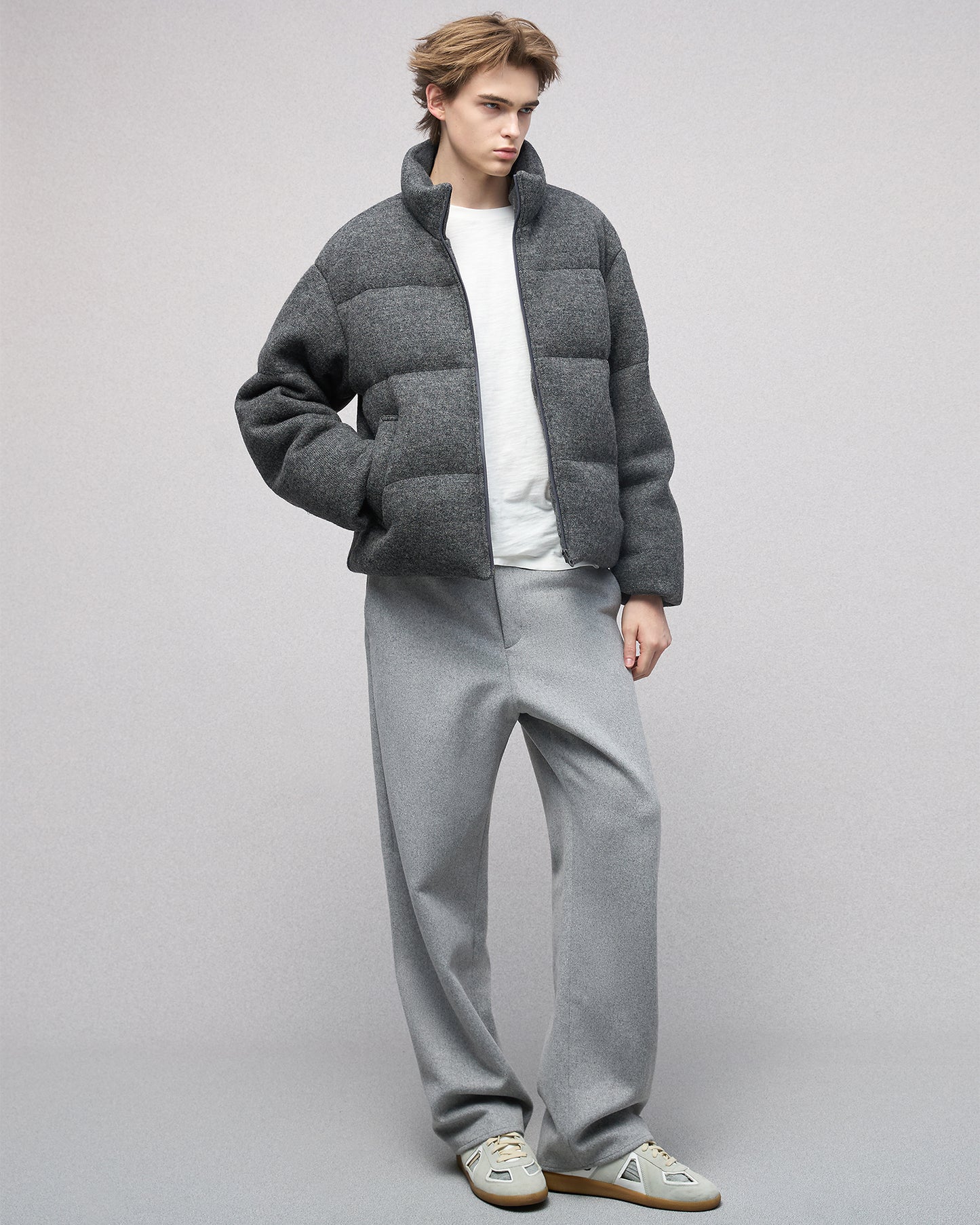 Wool-blend Gray Puffer Down Jacket