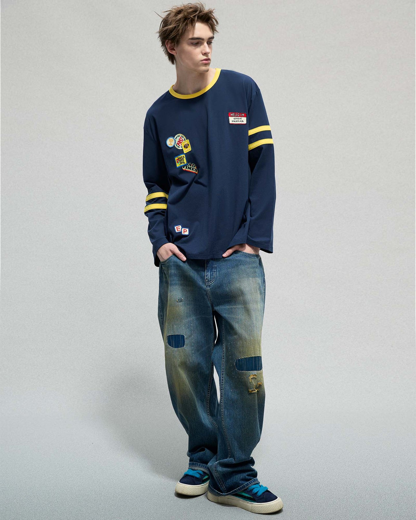 Multi Patch Stripe LS T-shirt