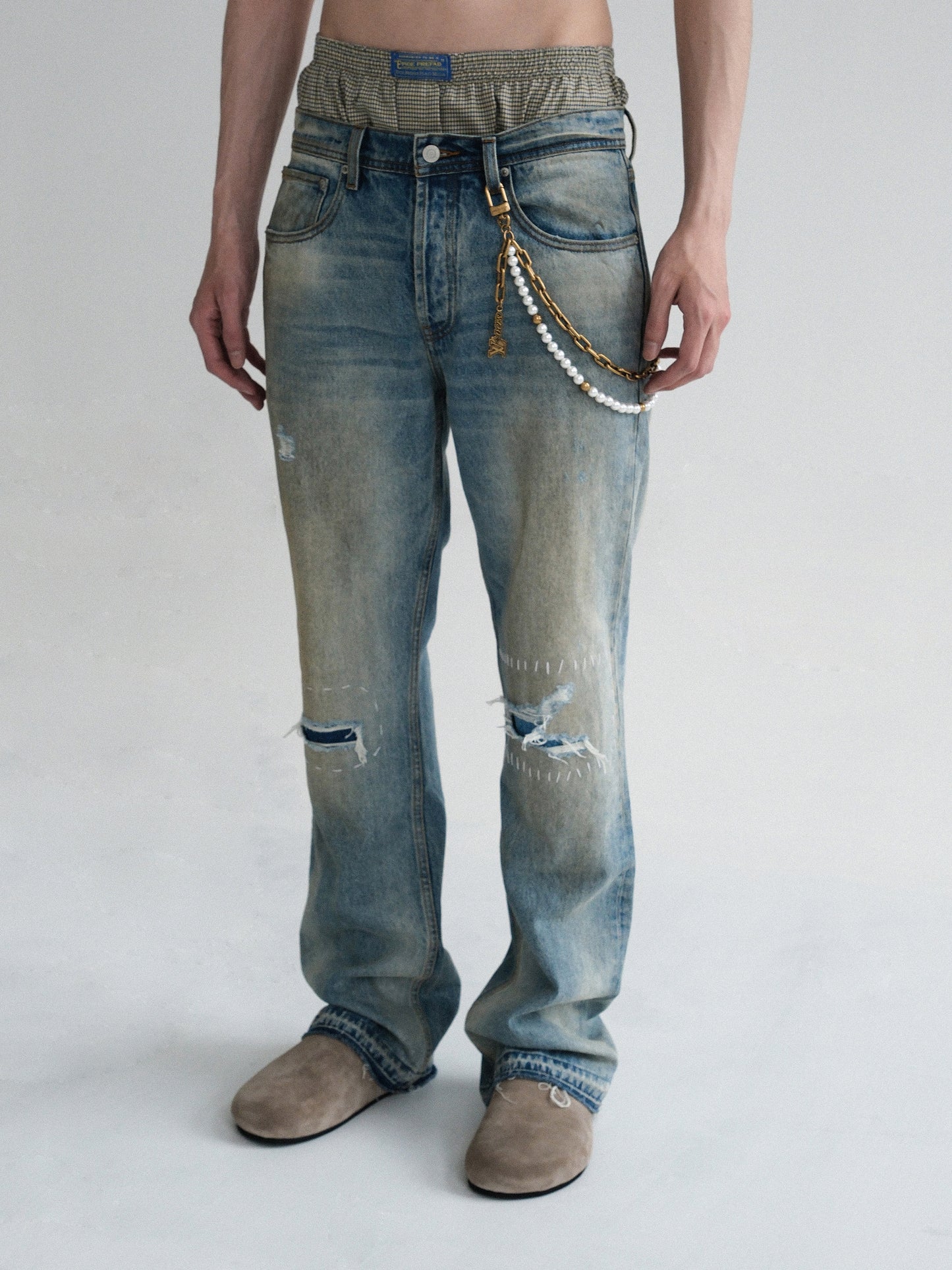 Destructed Hand Sewn Patches Flared Jeans