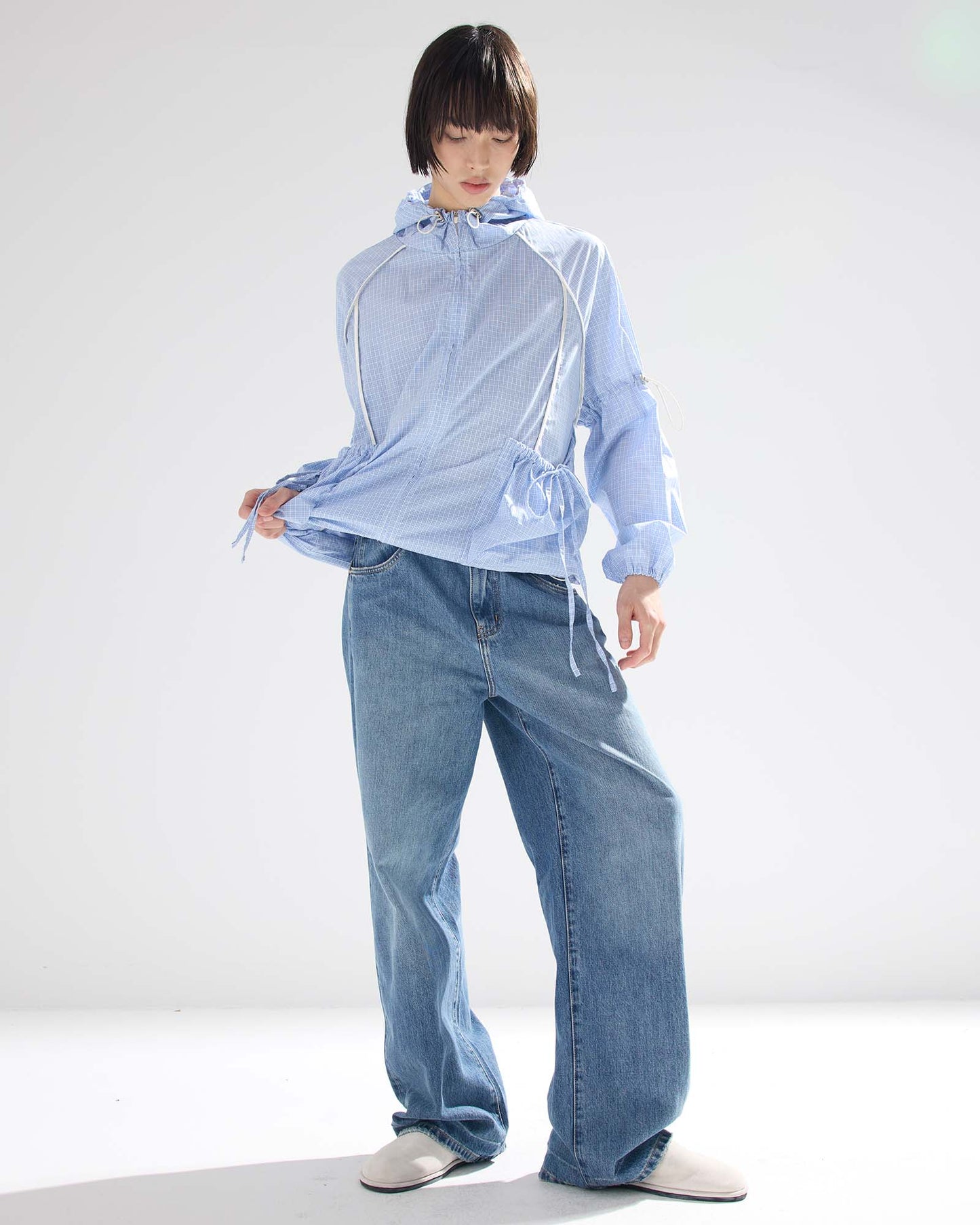 Bow Details Checked Shirt Jacket