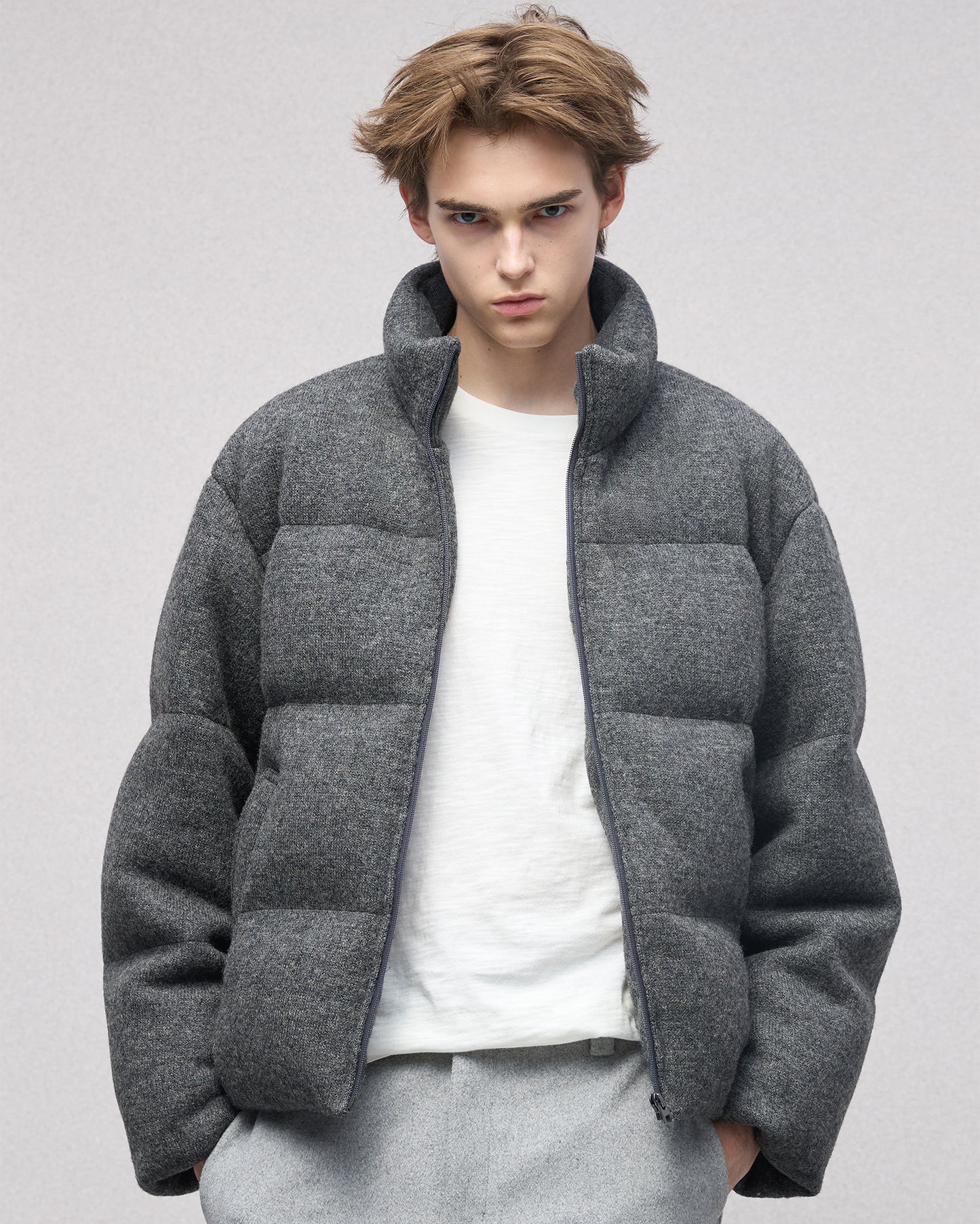 Wool-blend Gray Puffer Down Jacket