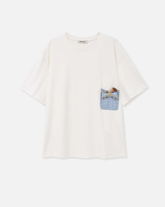 Plaid Pocket T-shirts with Hand-embroidered Dolls