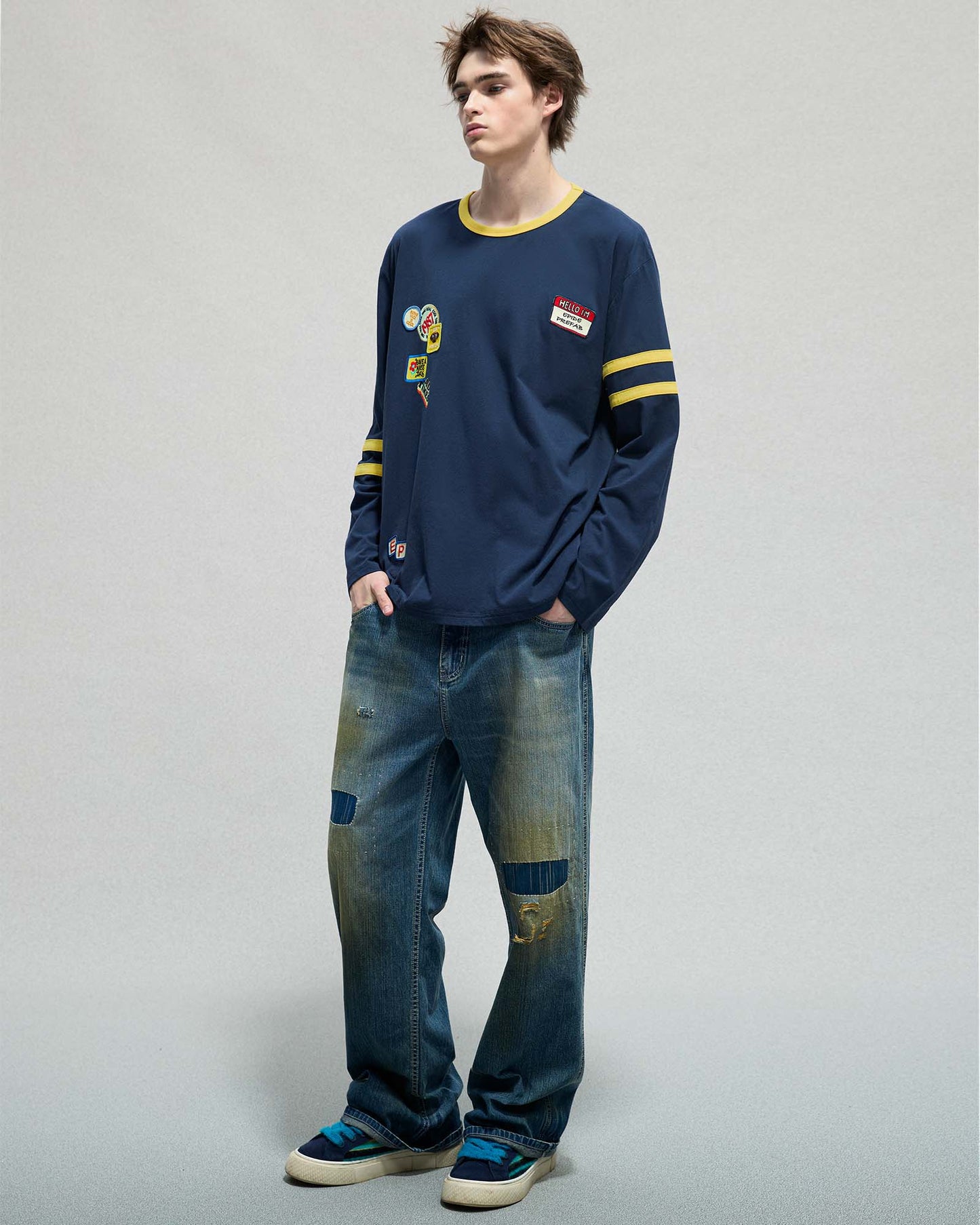 Multi Patch Stripe LS T-shirt