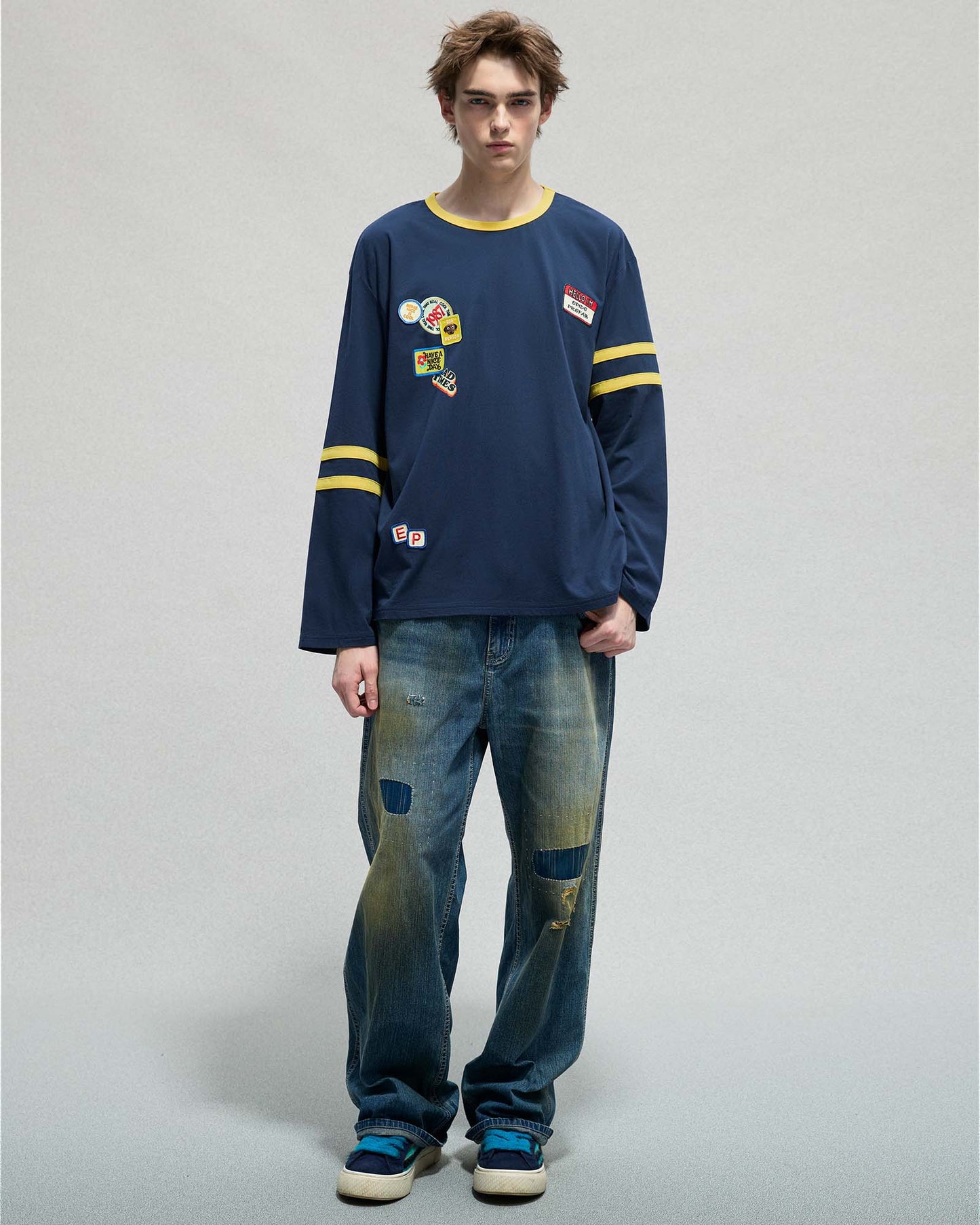 Multi Patch Stripe LS T-shirt