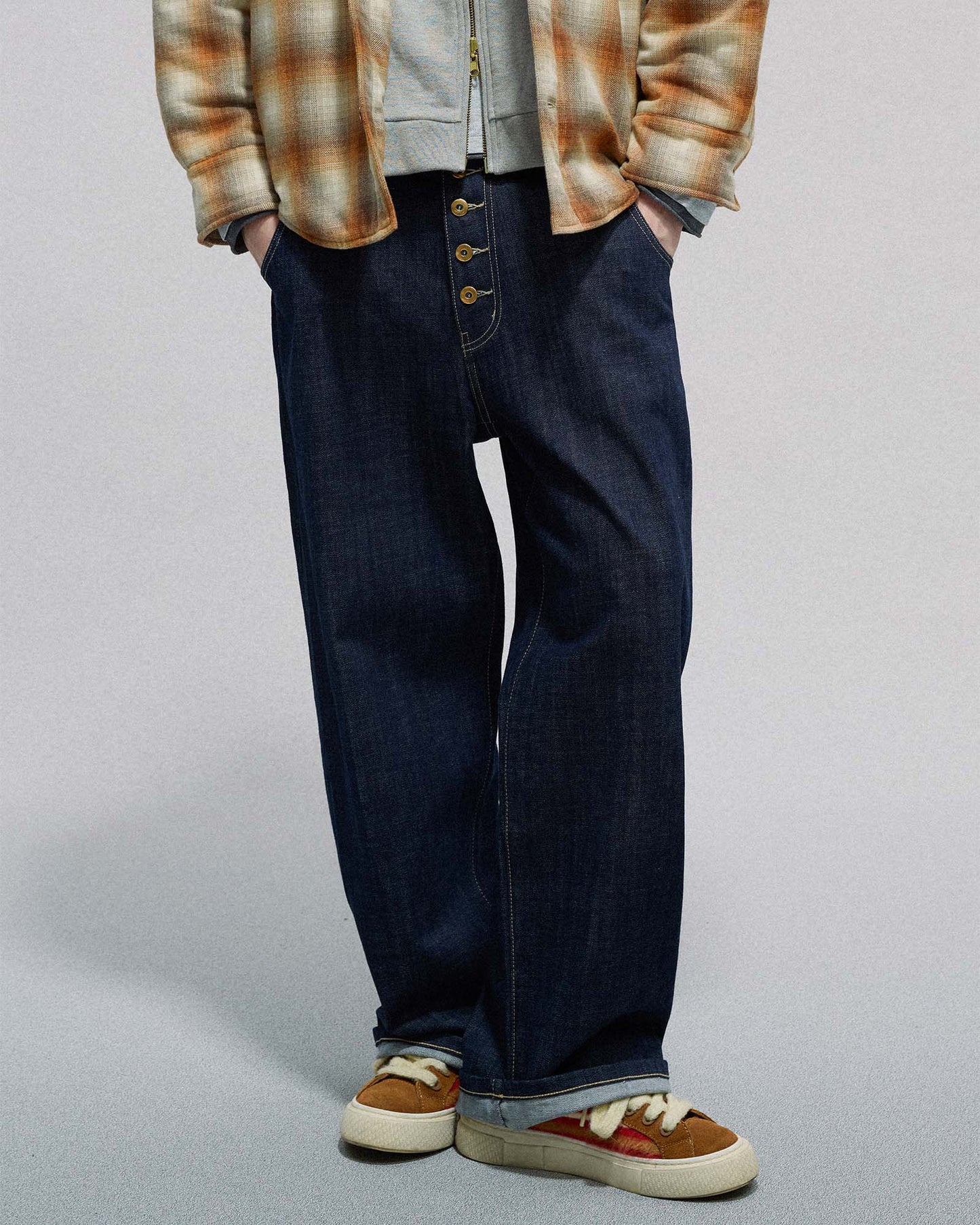 Button Fly Indigo Raw Denim Pants