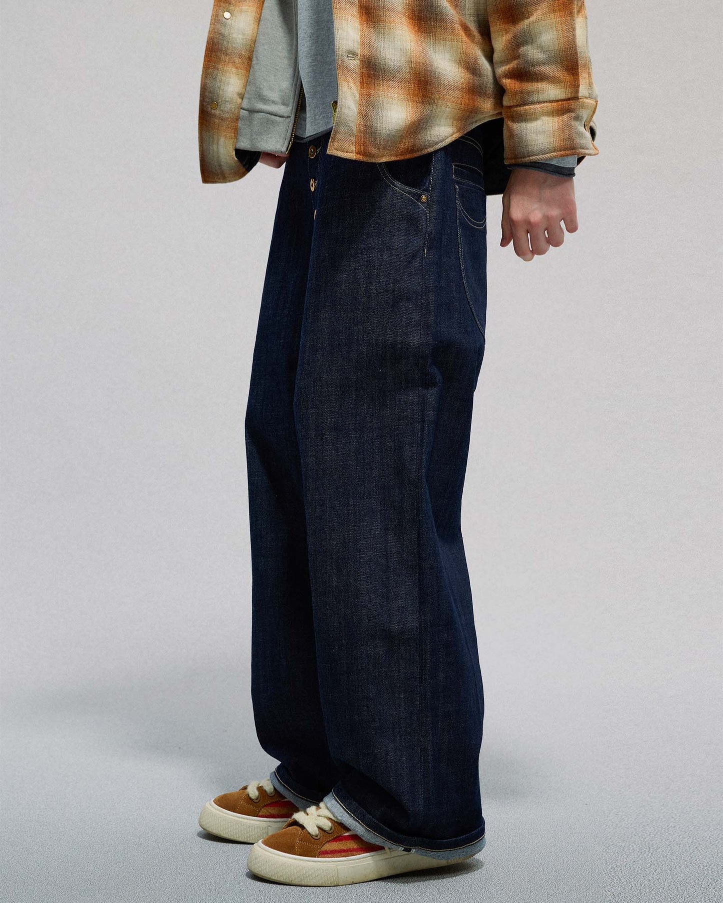 Button Fly Indigo Raw Denim Pants