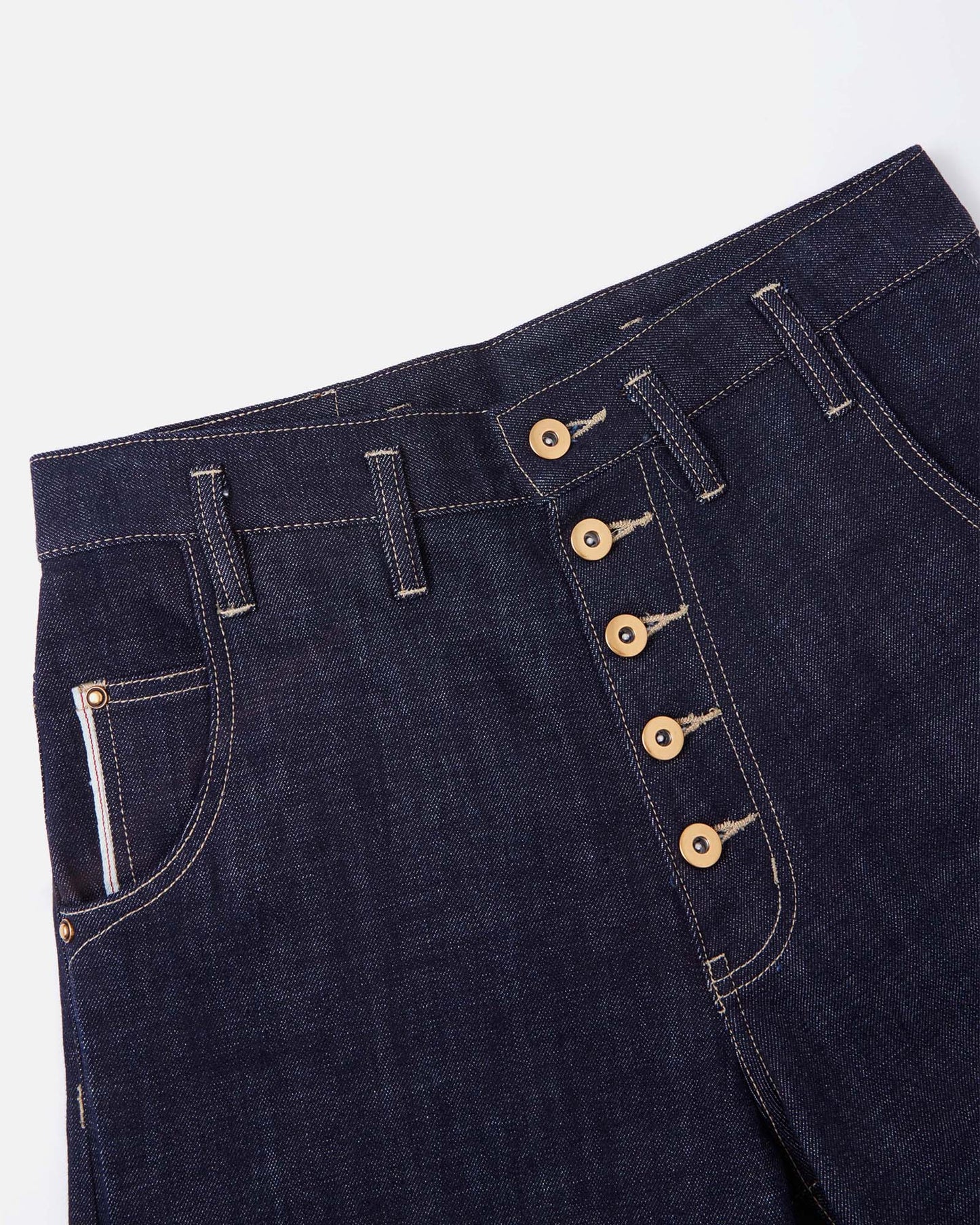 Button Fly Indigo Raw Denim Pants