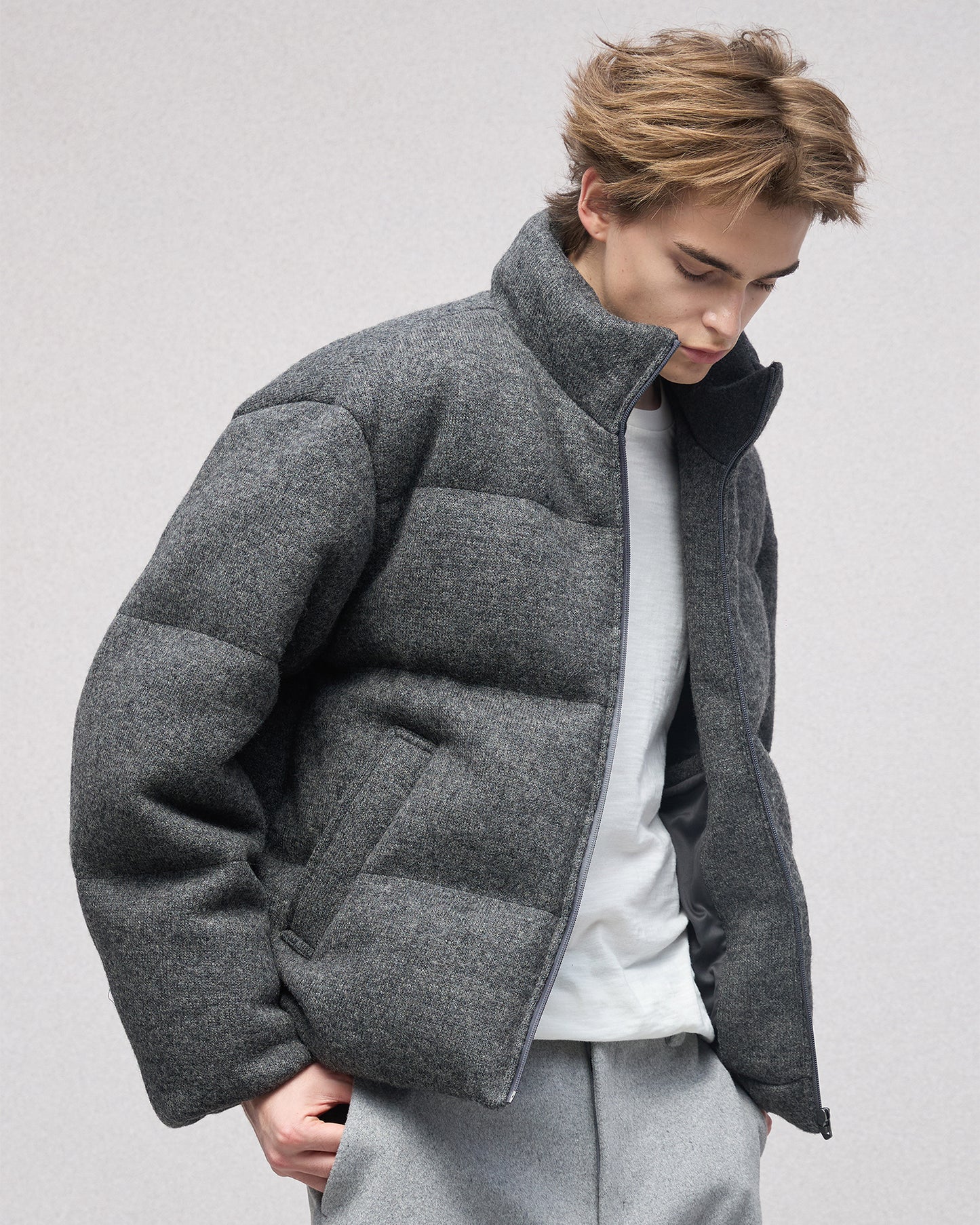 Wool-blend Gray Puffer Down Jacket