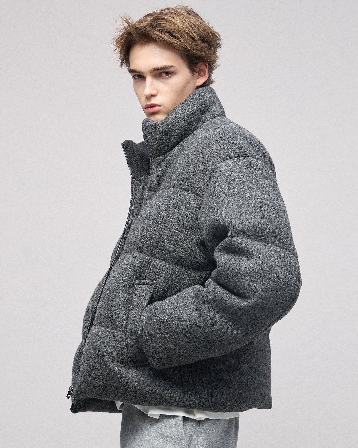 Wool-blend Gray Puffer Down Jacket