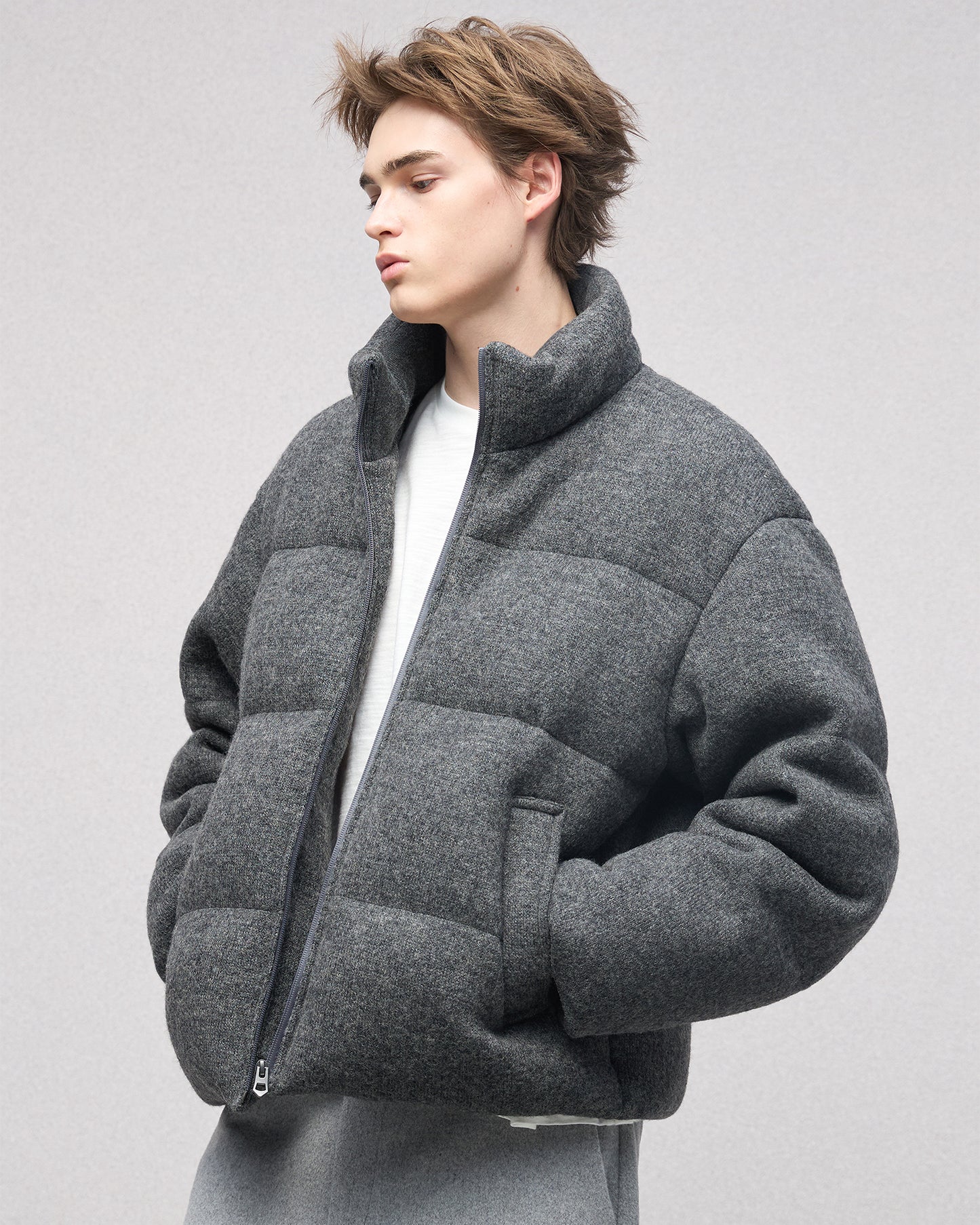 Wool-blend Gray Puffer Down Jacket