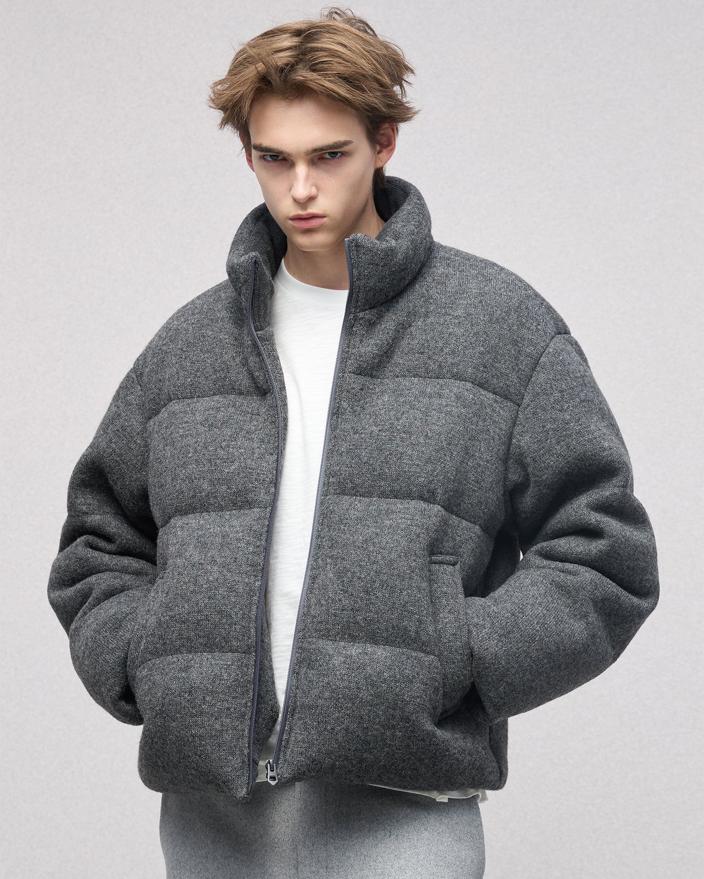Wool-blend Gray Puffer Down Jacket