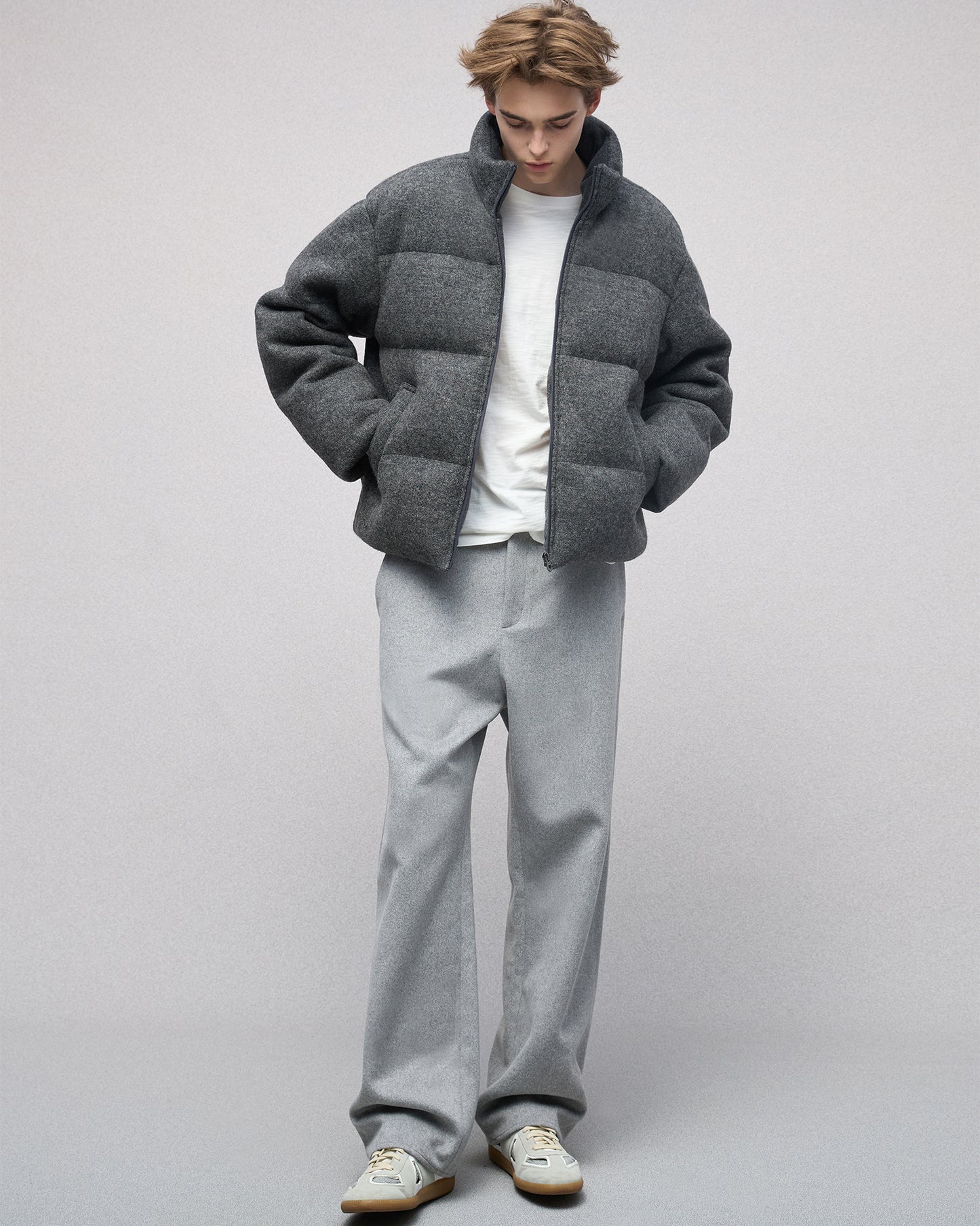 Wool-blend Gray Puffer Down Jacket