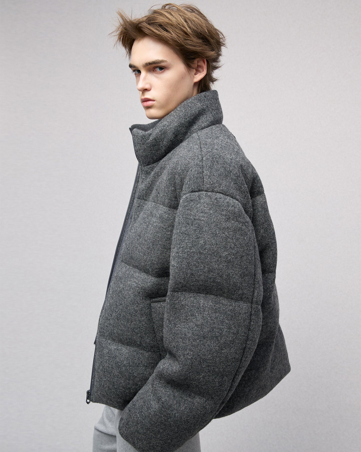 Wool-blend Gray Puffer Down Jacket