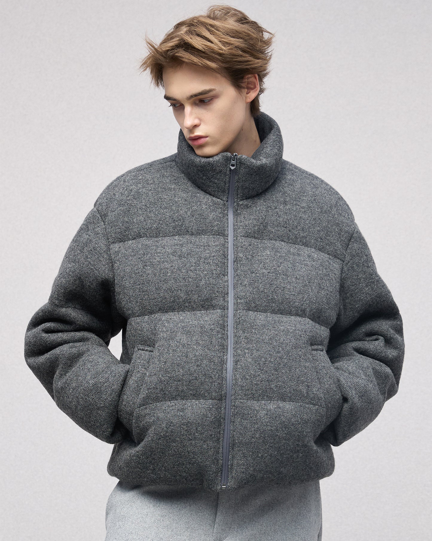 Wool-blend Gray Puffer Down Jacket