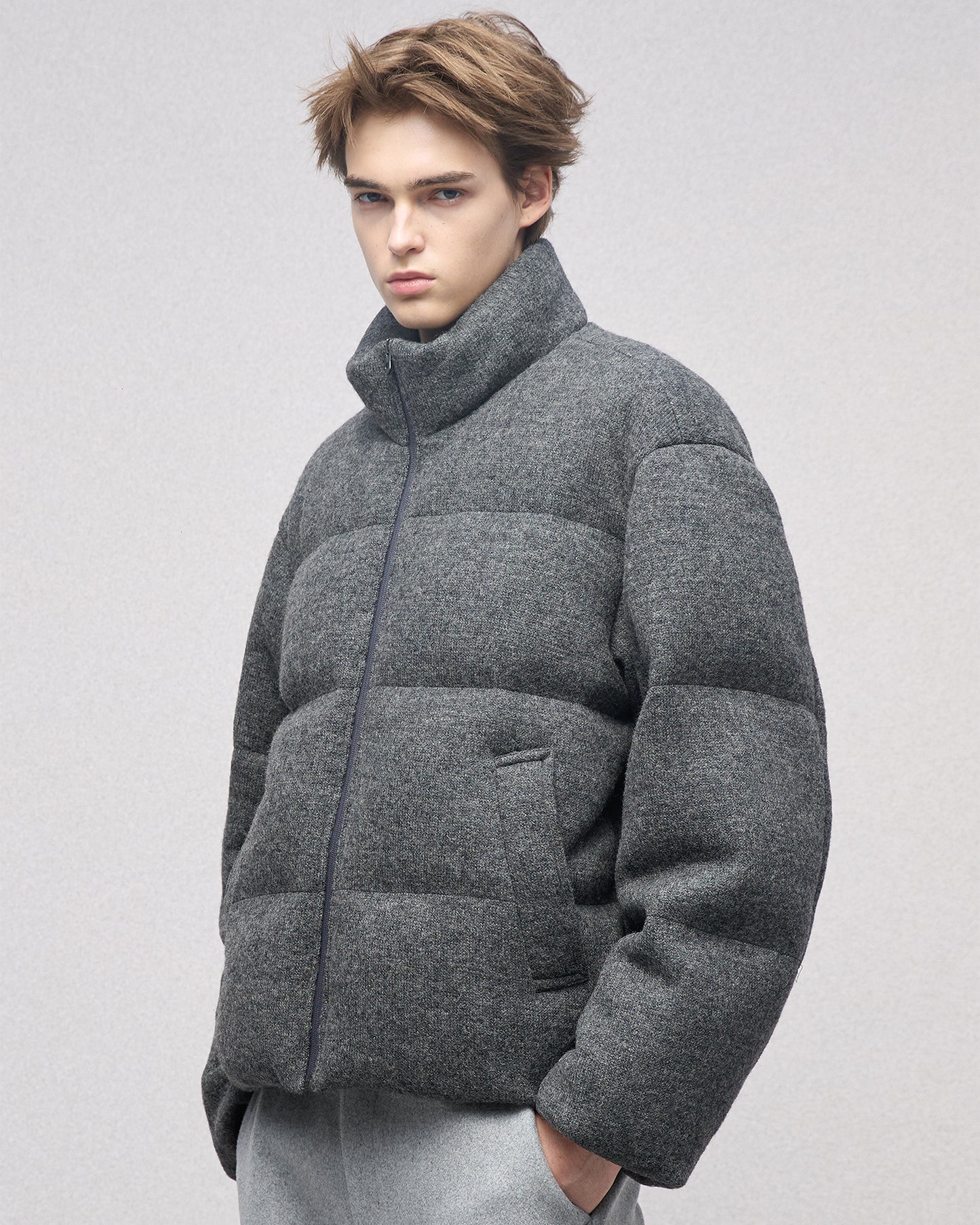 Wool-blend Gray Puffer Down Jacket