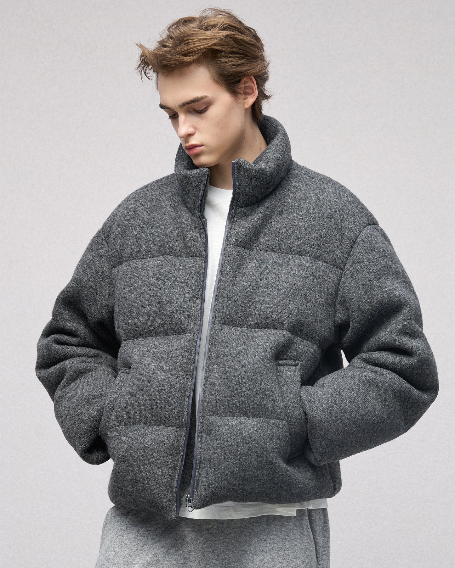 Wool-blend Gray Puffer Down Jacket