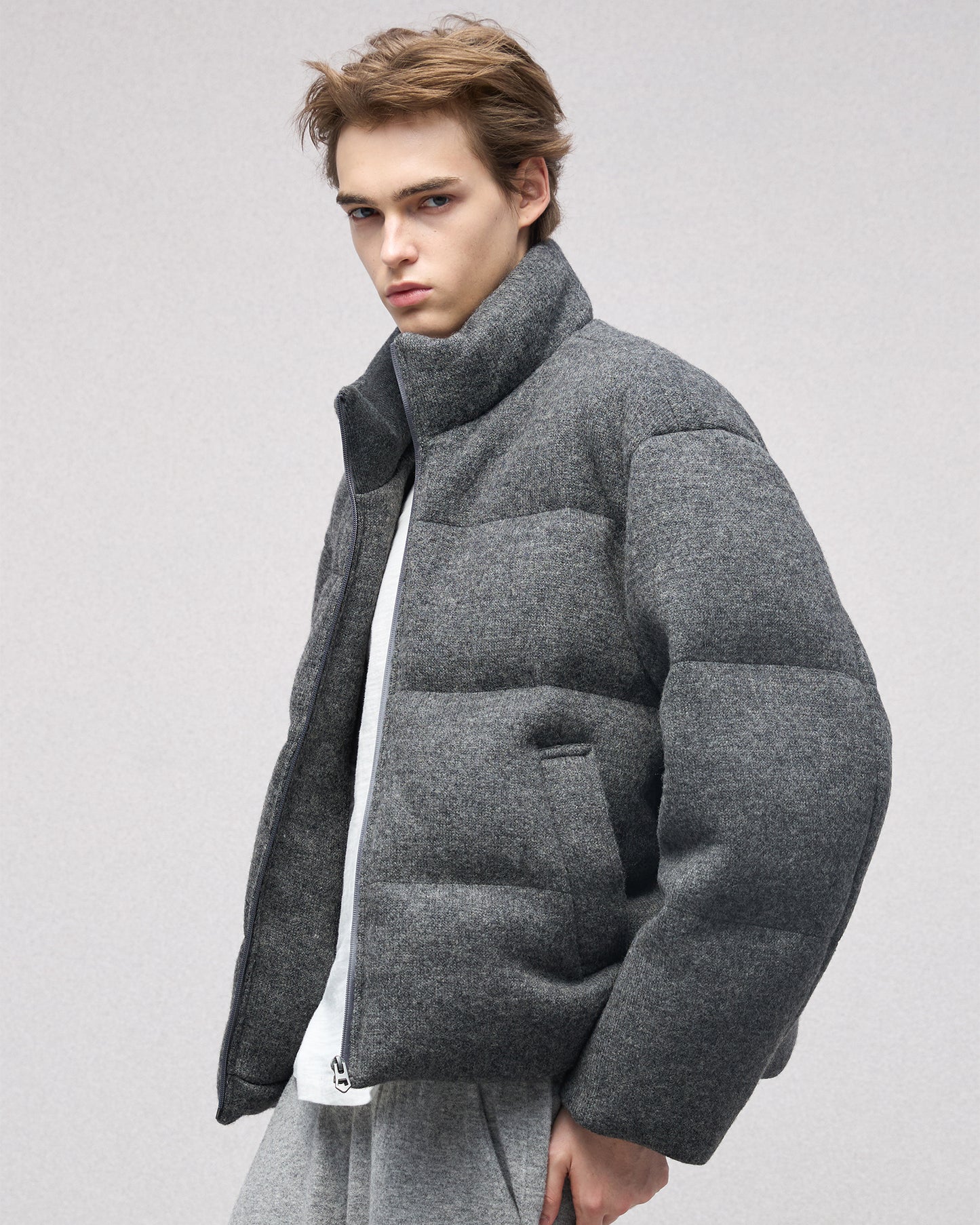 Wool-blend Gray Puffer Down Jacket