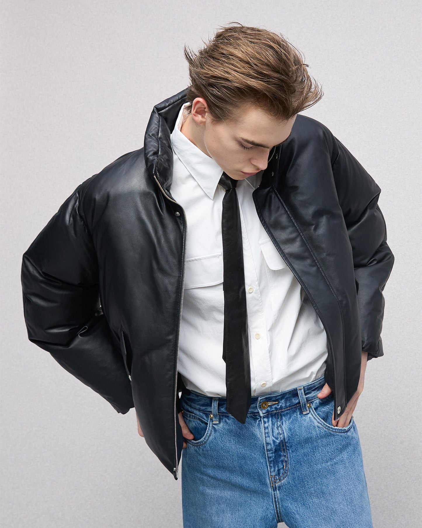 Leather Puffer Down acket in Lambskin