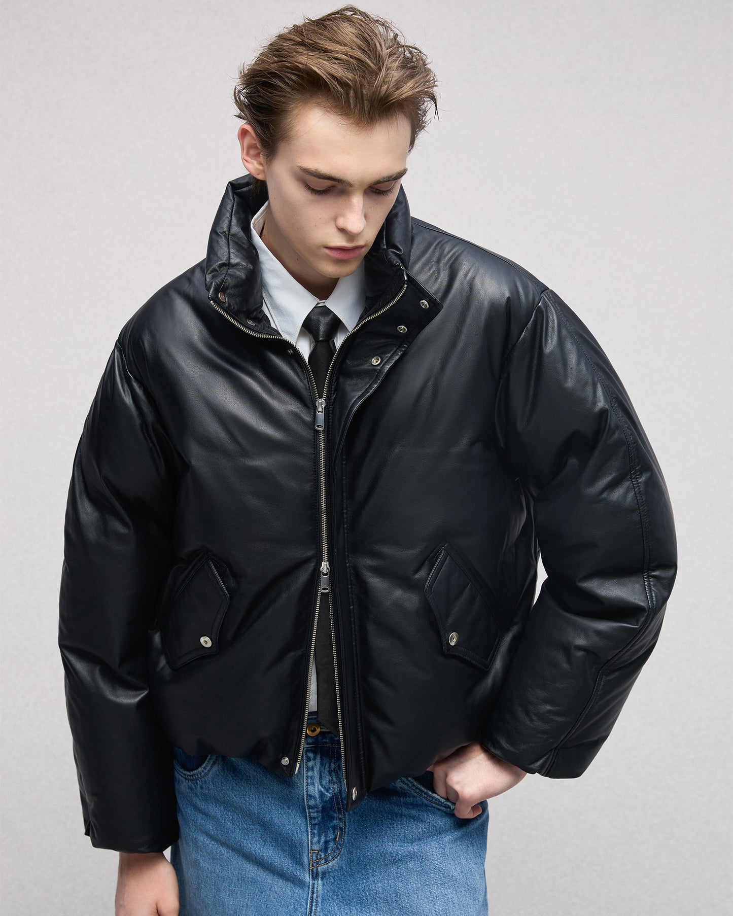 Leather Puffer Down acket in Lambskin