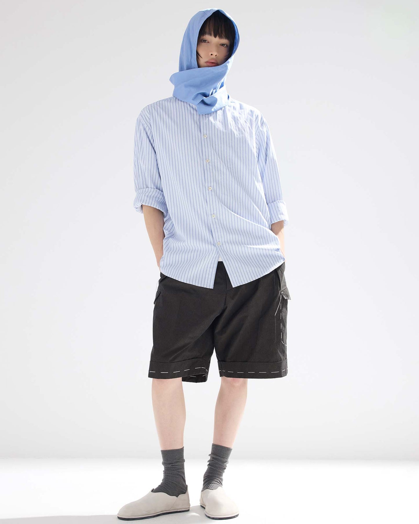 Sashiko Pleated Shorts in Pima Cotton