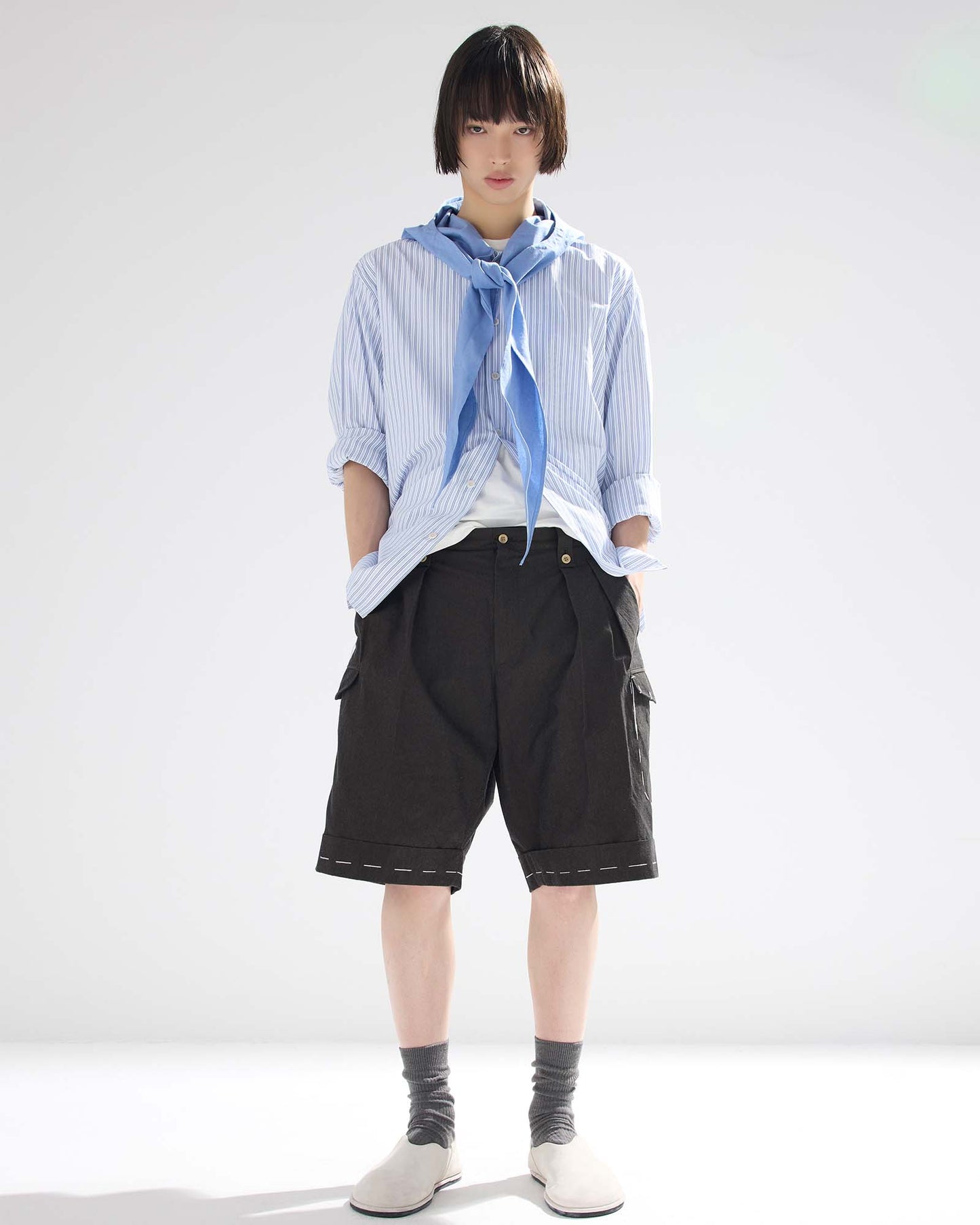 Sashiko Pleated Shorts in Pima Cotton