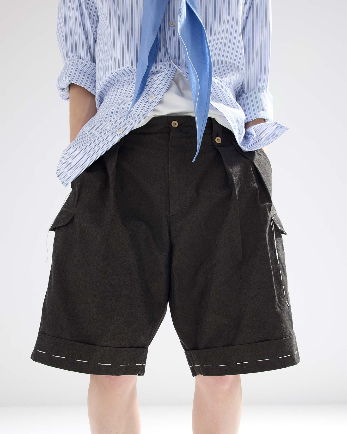 Sashiko Pleated Shorts in Pima Cotton