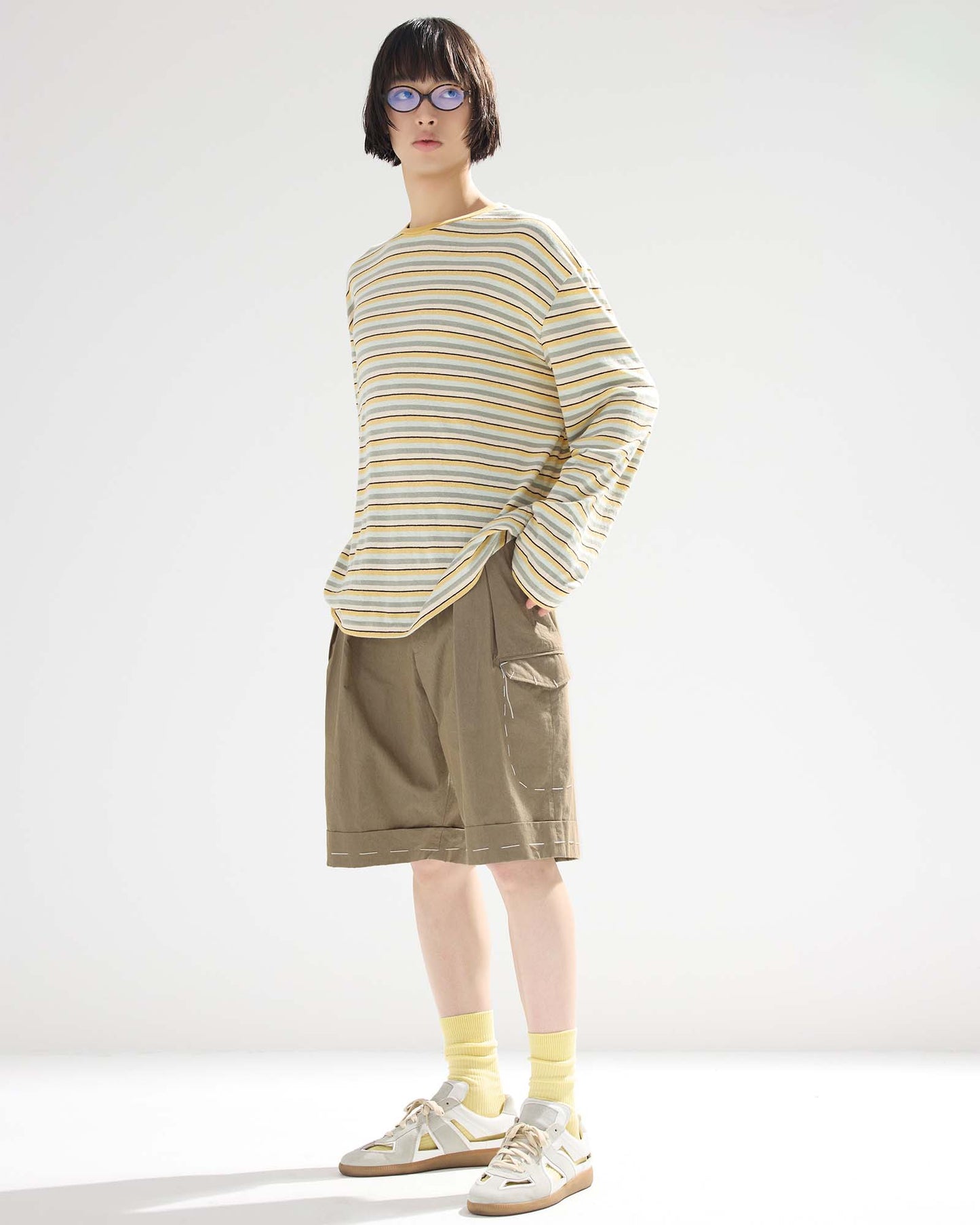 Sashiko Pleated Shorts in Pima Cotton